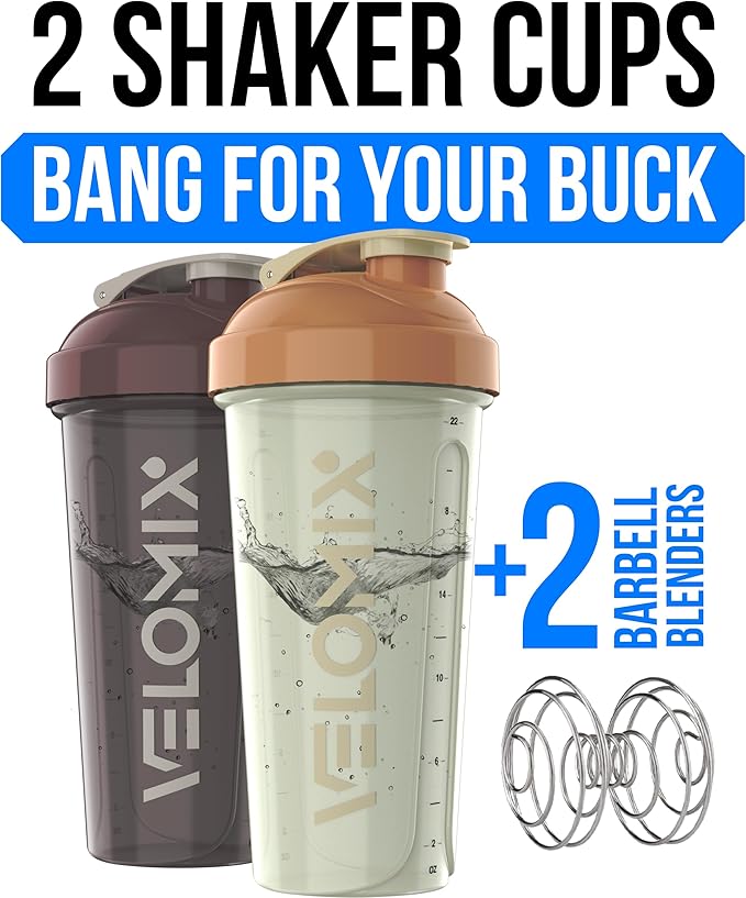 VELOMIX -2 Pack- 28 oz Protein Shaker Bottles for Protein Mixes - 2x Wire Whisk | Leak Proof Shaker Cups for Protein Shakes | Protein Shaker Bottle Pack | Shakers for Protein Shakes-Mixed Color