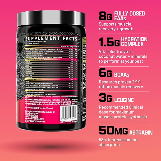 Nutrex Research EAA Hydration | EAAs + BCAA Powder | Muscle Recovery, Strength, Muscle Building, Endurance | 8G Essential Amino Acids + Electrolytes | (Packaging My Vary) 30 Servings (Pink Lemonade)