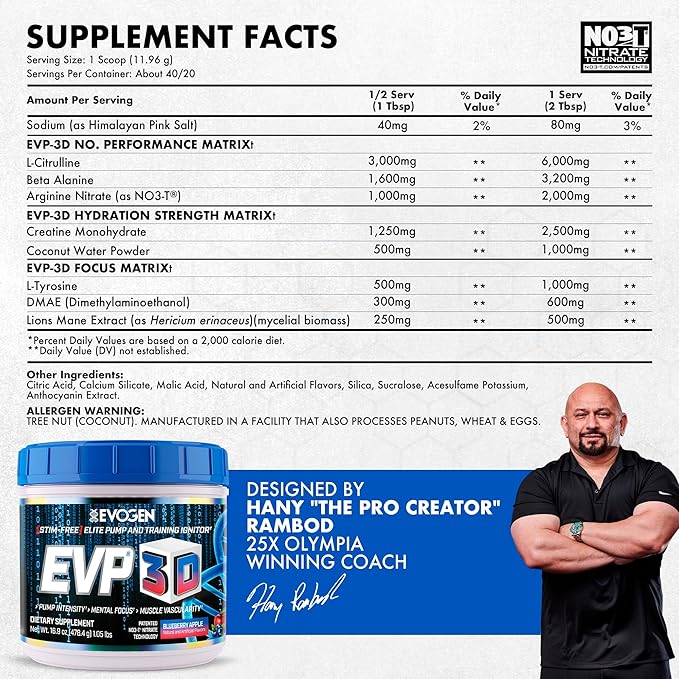 Evogen EVP 3D - Stim Free Pre Workout Powder for Men & Women | Sugar Free Non Stim Preworkout with Beta Alanine and Creatine for Energy & Pump | Blueberry Apple | 40 Servings