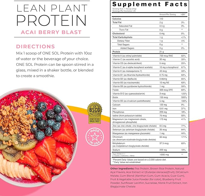 One Sol Lean Plant-Based Protein Powder, Pea & Brown Rice Protein, Low Carb, Vegan Friendly - Gluten, Lactose, & Soy Free - No Added Sugar, Non-GMO, Clean Nutrition, No Bloating (Acai Berry Blast)
