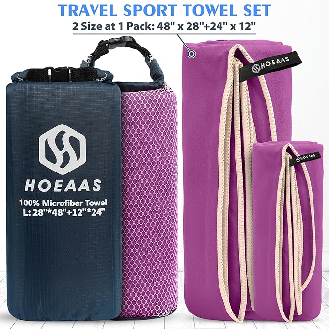 HOEAAS 2 Pack Microfiber Camping Towels, Quick Dry Towel, Super Absorbent Ultra Compact Travel Towel Soft Lightweight Sports Towel for Sweat Fast Drying Towels for Pool,Gym,Hiking,Backpacking,Fitness