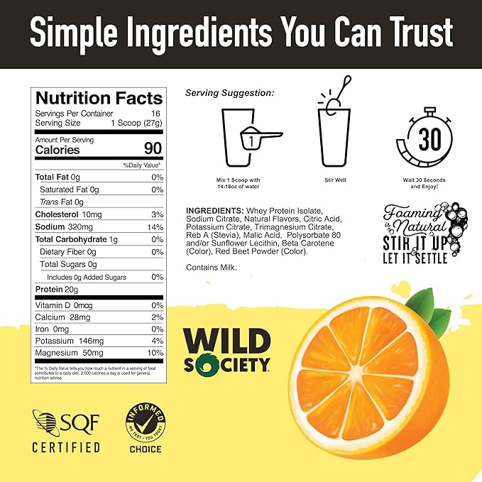WILD SOCIETY - Clear Whey Protein + Electrolytes - Refreshing Whey Protein Isolate Powder - 20g Protein, 0 Added Sugar, GMO-Free, Natural Flavors & Colors - Citrus Punch, 16 oz