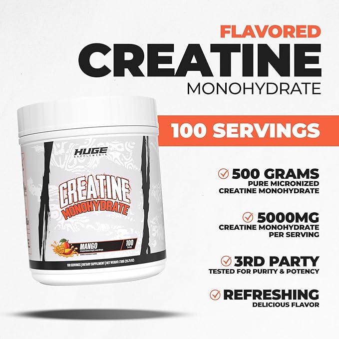 Huge Supplements Flavored Creatine Monohydrate Powder - Mango Flavor, 500 Grams, Third Party Tested, Micronized for Optimal Absorption, 5 Grams Per Scoop, Delicious & Easy Mixability (100 Servings)
