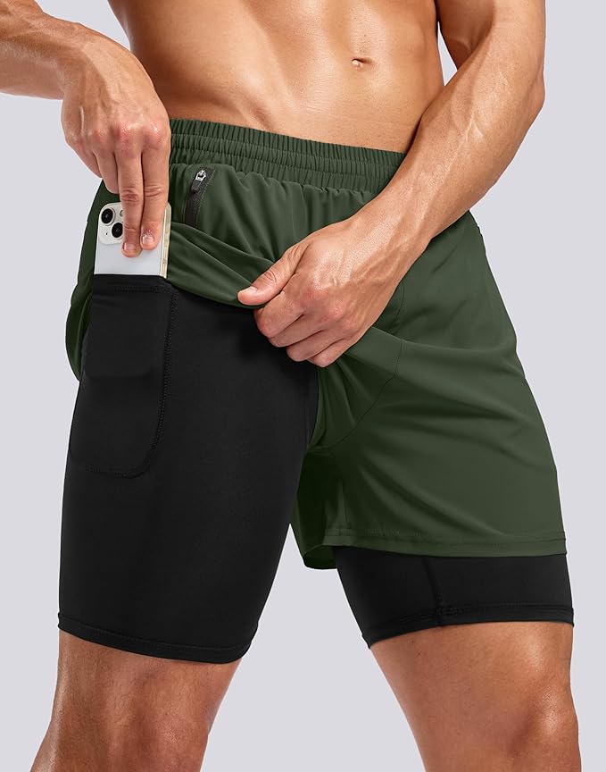 Pudolla Men's 7" Running Shorts with Zipper Pockets Quick Dry 2 in 1 Workout Gym Shorts with Liner for Tennis Yoga Training