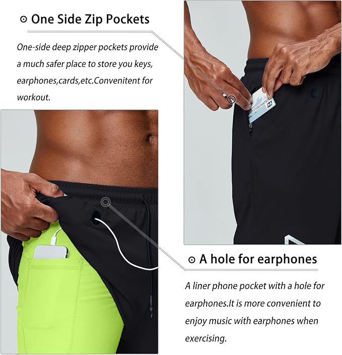 Pinkbomb Men's 2 in 1 Running Shorts Gym Workout Quick Dry Mens Shorts with Phone Pocket