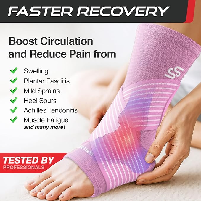 Sleeve Stars Ankle Brace for Women & Men, Ankle Wrap for Sprained Ankle, Compression Sleeve for Plantar Fasciitis Relief, Easy Customizable Support: w/ Removable Strap (Single/M:10"-12"/Baby Pink)