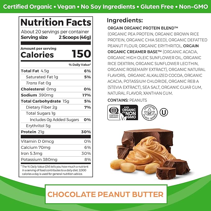Orgain Organic Vegan Protein Powder, Chocolate Peanut Butter - 21g Plant Protein, 6g Prebiotic Fiber, Low Net Carb, No Lactose Ingredients, No Added Sugar, Non-GMO, For Shakes & Smoothies, 2.03 lb