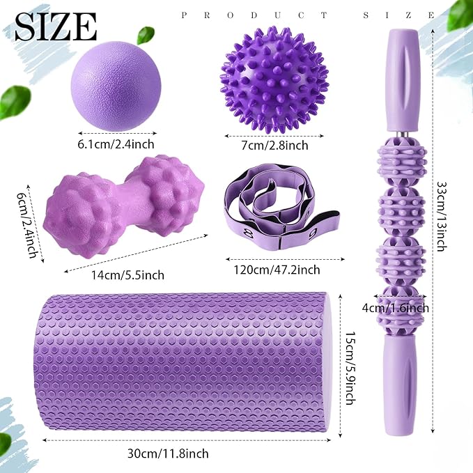 6Pcs Foam Roller Set Includes Peanut Massage Ball, Back Roller, Massage Roller Stick, 2Foot Stretching Strap, and Fasciitis Ball for Exercise Physical Body Therapy Yoga Massager (Purple)