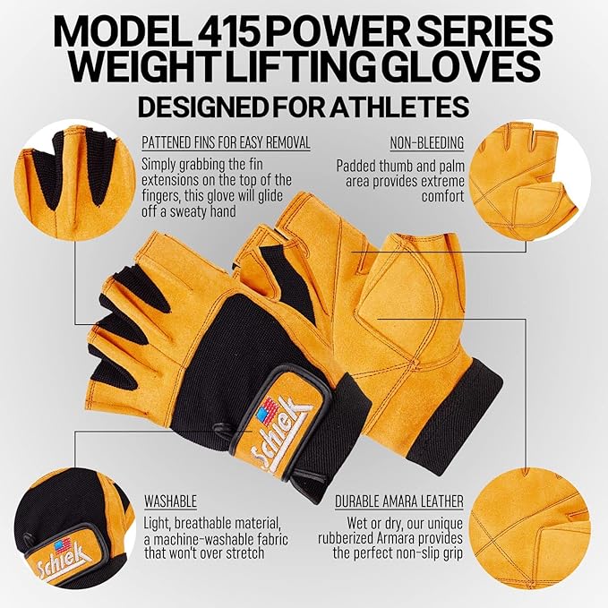 Schiek Sport Model 415 Power Lifting Fingerless Glove - Long Lasting Weight Lifting Grip Gloves