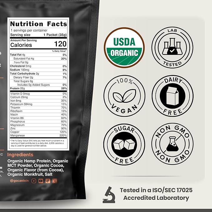 Organic Hemp Protein Powder, Plant Based and Vegan Protein Shake, Lactose and Dairy Free, Gluten Free, Clean and Natural- Chocolate (1 Serving)