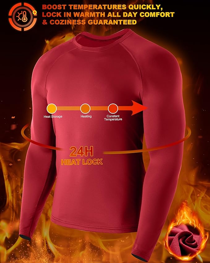 Mens Thermal Compression Shirts, Warm Long Sleeve Fleece Lined Tops Athletic Base Layer for Running Cold Weather