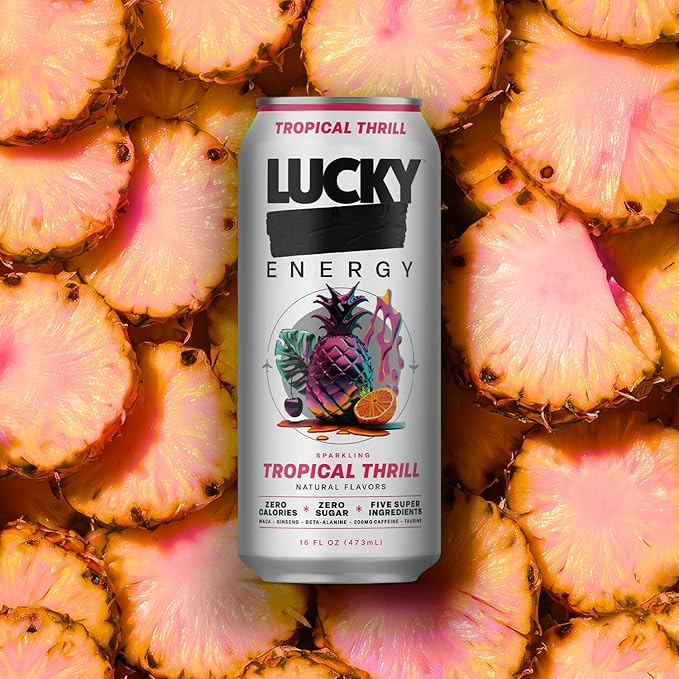 Lucky Energy Sugar Free Energy Drinks 16 Fl Oz Cans (12-Pack) Healthy Energy Drink. Tropical Thrill with Maca, Ginseng, Taurine, Beta-Alanine, 200mg Caffeine