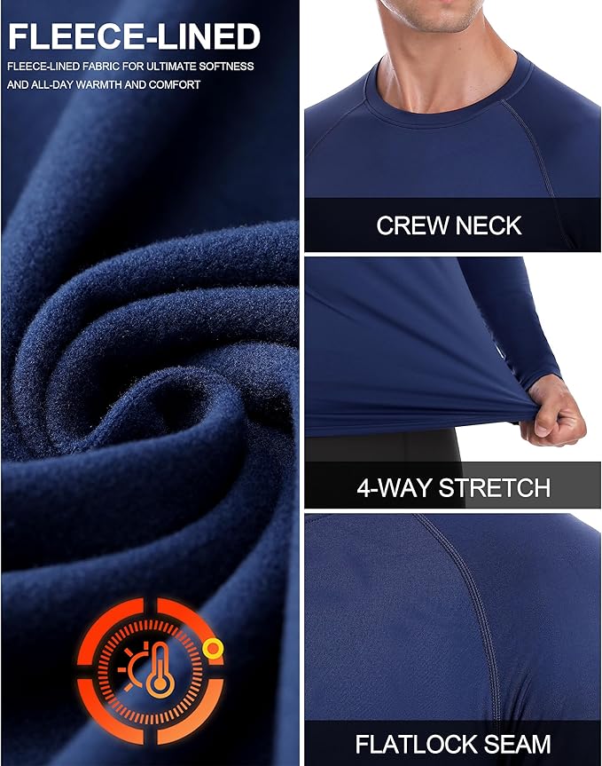 Mens Thermal Compression Shirts, Warm Long Sleeve Fleece Lined Tops Athletic Base Layer for Running Cold Weather