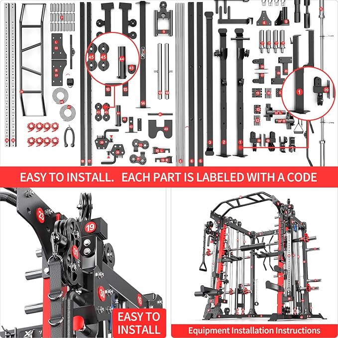 Smith Machine with Cable Crossover System, Multi-Function Squat Rack Power Cage for Home Gym, Power Rack and Packages Weight Sets