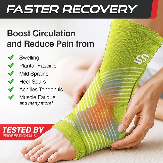 Sleeve Stars Ankle Brace for Women & Men, Ankle Wrap for Sprain, Compression Sleeve for Plantar Fasciitis Relief, Easy Customizable Support: w/ Removable Strap (Single/M:10"-12"/Neon Green)