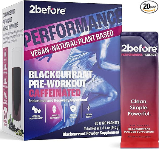 2before All Natural Vegan Pre Workout, with 120mg Caffeine I Clean Energy, Endurance, Recovery I Pre Workout Women and Men I 20 x Individual Packets I Informed Sports Certified I Blackcurrant