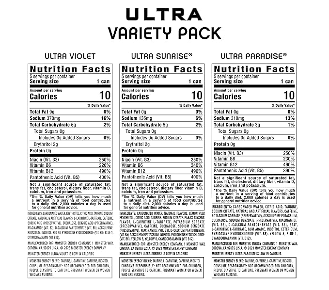 Monster Energy Ultra Variety Pack, Ultra Violet, Ultra Sunrise, Ultra Paradise, Sugar Free Energy Drink, 16 Ounce (Pack of 15)