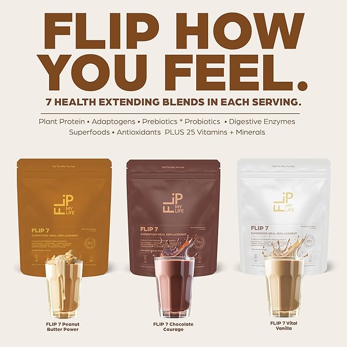 Flip My Life, Flip 7 Natural SuperFood, Plant-Based Protein, Complete Meal Replacement to Support Healthy Gut, 7 Mega Nutrient Rich Blends all in one to AGE BETTER - Chocolate