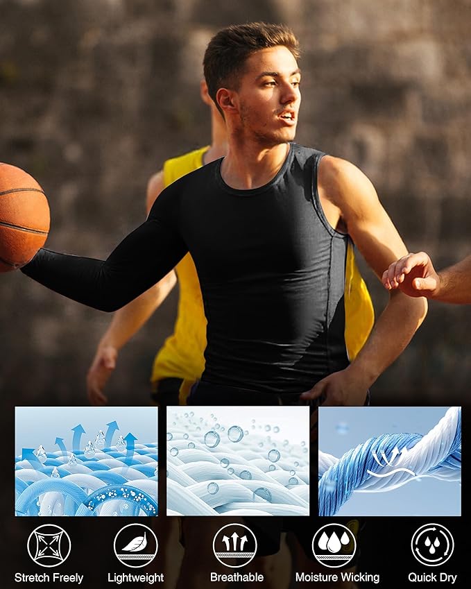 Mens One Arm Sleeve Compression Shirts 1/2 Long Sleeve Athletic Base Layer Undershirt Basketball Workout Top