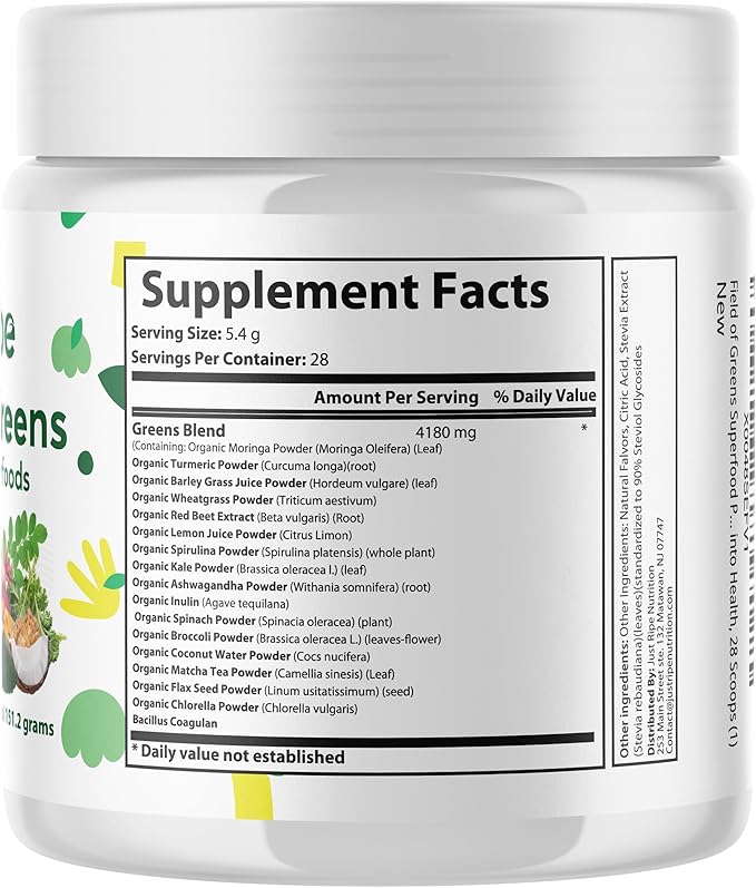 Field of Greens Superfood Powder with Organic Spirulina, Chlorella, Beet Root Powder - Bacillus Coagulans Probiotic, A Plant-Based Mix Supporting Gut Health, Immunity, 28 Scoops - Unflavored