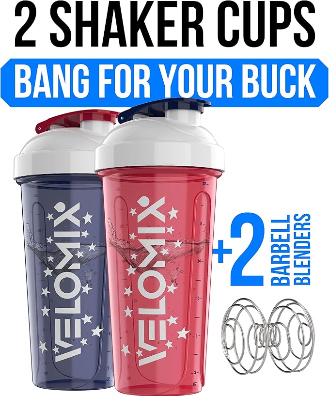 VELOMIX -2 Pack- 28 oz Protein Shaker Bottles for Protein Mixes - 2x Wire Whisk | Leak Proof Shaker Cups for Protein Shakes and Pre Workout | Protein Shaker Bottle Pack (USA Flag)