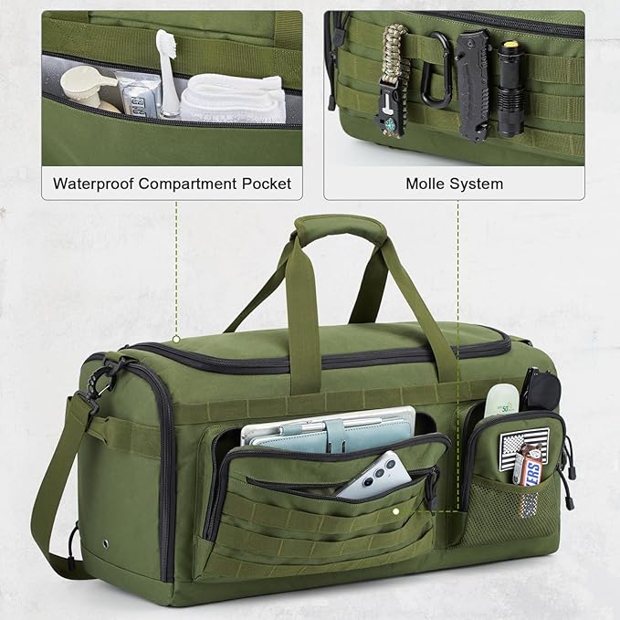 G4Free 3-in-1 Travel Duffle Bag for Men and Women, 50L Large Gym Sports Bags Tactical Military Duffle Backpack with Shoes Compartment and Wet Pocket (Green)