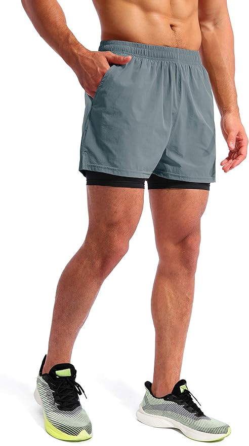 Pudolla Men’s 2 in 1 Running Shorts 5" Quick Dry Gym Athletic Workout Shorts for Men with Phone Pockets