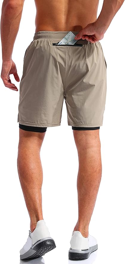Pudolla Men’s 2 in 1 Running Shorts 5" Quick Dry Gym Athletic Workout Shorts for Men with Phone Pockets