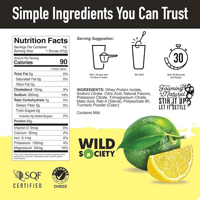 WILD SOCIETY - Clear Whey Protein + Electrolytes - Refreshing Whey Protein Isolate Powder - 20g Protein, 0 Added Sugar, GMO-Free, Natural Flavors & Colors - Lemon Lime, 16 oz