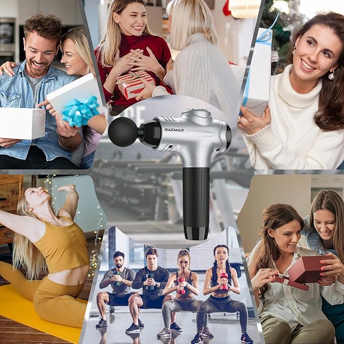 RAEMAO Massage Gun, Handheld Electric Deep Tissue Muscle Massager for Athletes for Pain Relief Attaching 8 Replacement Heads, Percussion Massager with 10 Speeds, Father's Day Gifts, Silver