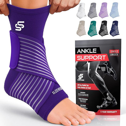 Sleeve Stars Ankle Brace for Women & Men, Ankle Wrap for Sprained Ankle, Compression Sleeve for Plantar Fasciitis Relief, Easy Customizable Support: w/Removable Strap (Single/S:9"-10"/Dark Purple)