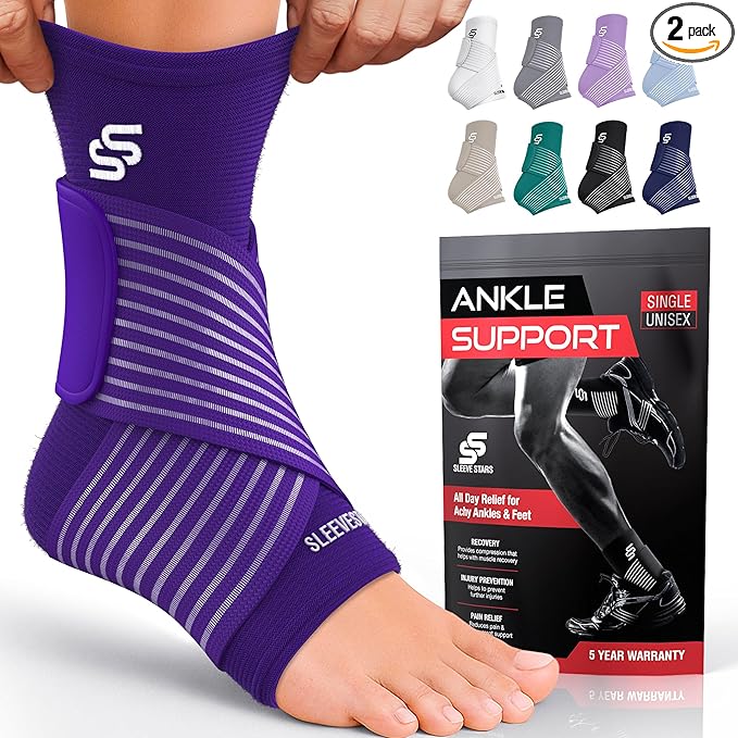 Sleeve Stars Ankle Brace for Women & Men, Ankle Wrap for Sprain, Compression Sleeve for Plantar Fasciitis Relief, Easy Customizable Support: w/ Removable Strap (Pair/M:10"-12"/Dark Purple)