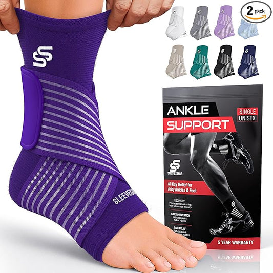 Sleeve Stars Ankle Brace for Women & Men, Ankle Wrap for Sprain, Compression Sleeve for Plantar Fasciitis Relief, Easy Customizable Support: w/ Removable Strap (Pair/M:10"-12"/Dark Purple)