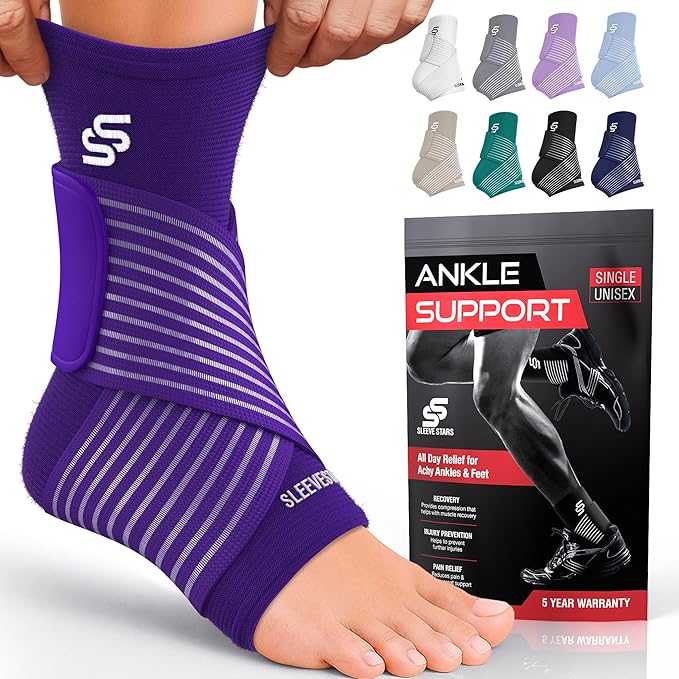 Sleeve Stars Ankle Brace for Women & Men, Ankle Wrap for Sprain, Compression Sleeve for Plantar Fasciitis Relief, Easy Customizable Support: w/ Removable Strap (Single/M:10"-12"/Dark Purple)