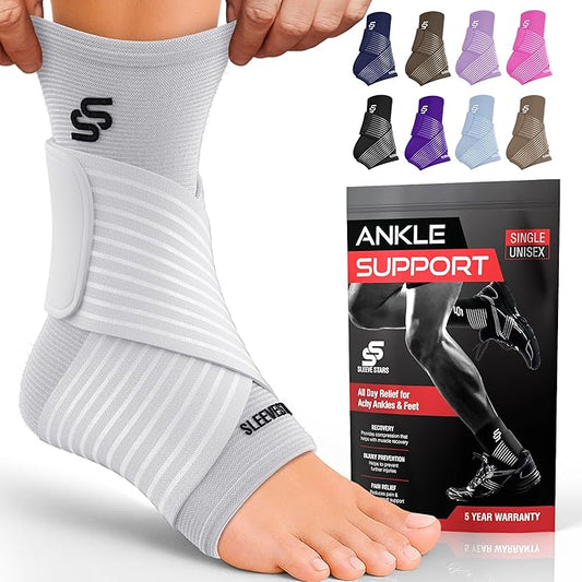 Sleeve Stars Ankle Brace for Women & Men, Ankle Wrap for Sprain, Compression Sleeve for Plantar Fasciitis Relief, Easy Customizable Support: w/ Removable Strap (Single/M:10"-12"/White)