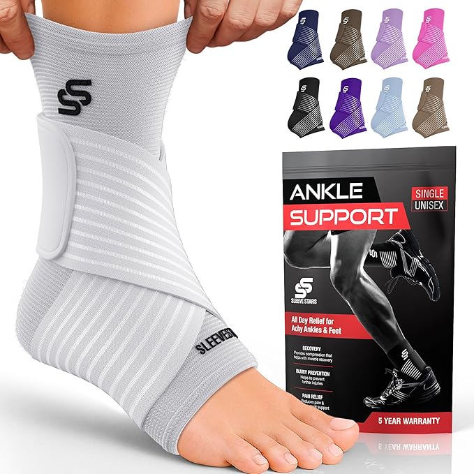 Sleeve Stars Ankle Brace for Women & Men, Ankle Wrap for Sprained Ankle, Compression Sleeve for Plantar Fasciitis Relief, Easy Customizable Support: w/Removable Strap (Single/L:12"-13"/White)