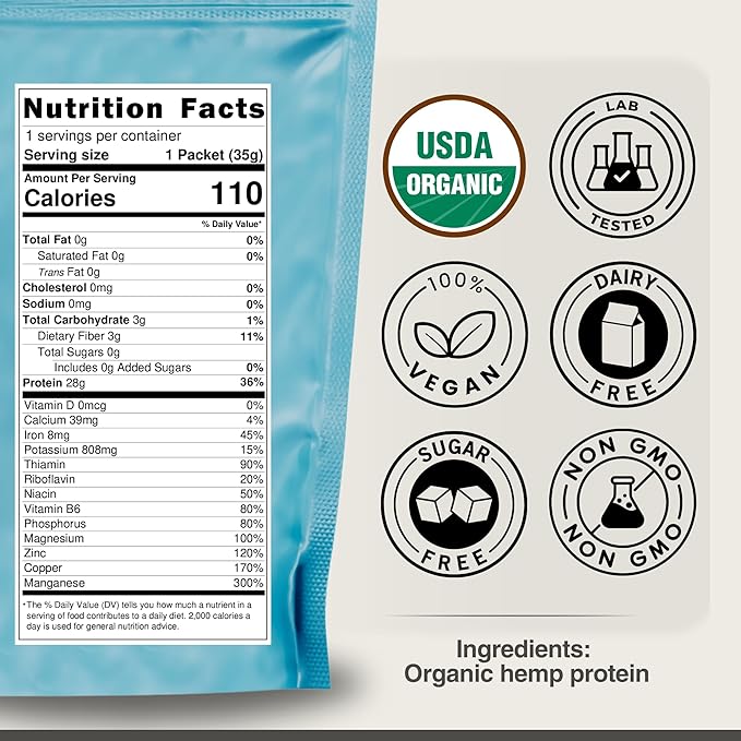 Organic Hemp Protein Powder, Plant Based and Vegan Protein Shake, Lactose and Dairy Free, Gluten Free, Clean and Natural- Unflavored (1 Serving)