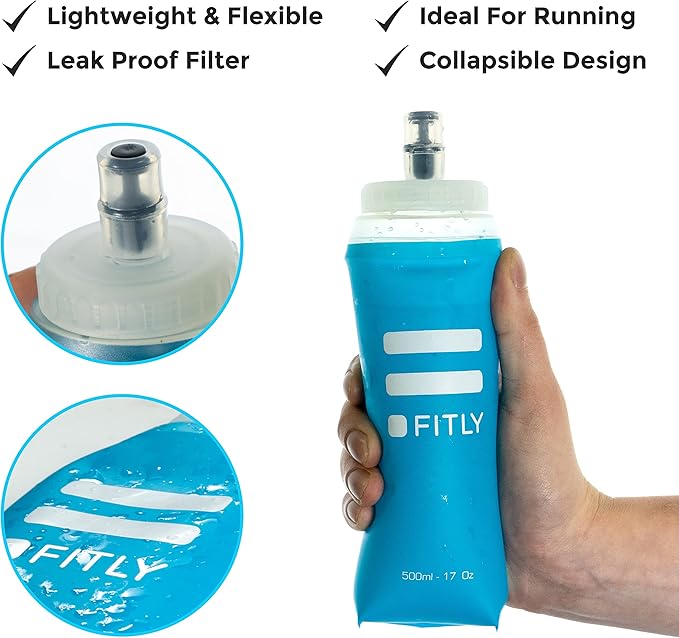 FITLY Soft Flask - Shrink As You Drink Soft Water Bottle for Hydration Pack - Folding Water Bottle Ideal for Running, Hiking, Cycling, Climbing & Rigorous Activity