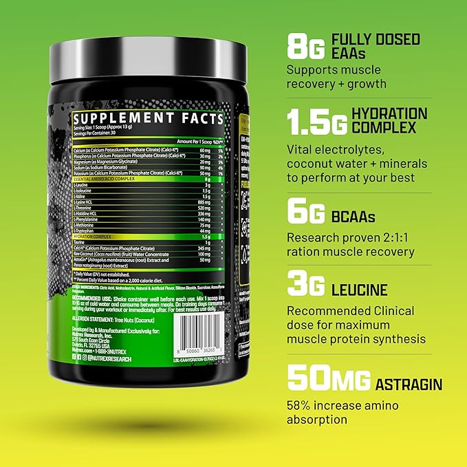 Nutrex Research EAA Hydration | EAAs + BCAA Powder | Muscle Recovery, Strength, Muscle Building, Endurance | 8G Essential Amino Acids + Electrolytes | (Packaging My Vary) 30 Servings (Lemon Lime)