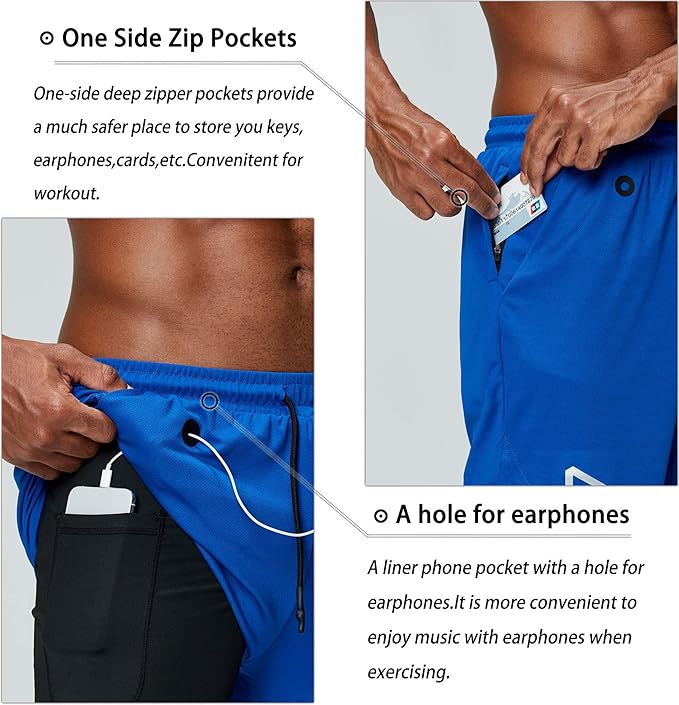Pinkbomb Men's 2 in 1 Running Shorts Gym Workout Quick Dry Mens Shorts with Phone Pocket