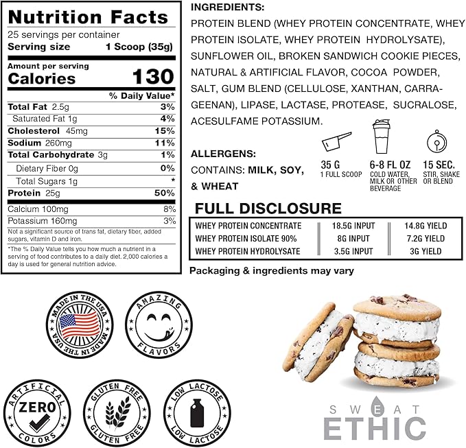 Sweat Ethic Whey'd Protein Powder, 25 G Whey Protein Blend with Concentrate (30 Ounce, Ice Cream Cookie Sandwich)
