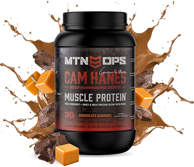 MTN OPS Cameron Hanes Keep Hammering Whey Protein Powder, Chocolate Caramel Flavor, 30 Servings