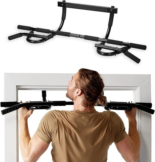 SPRI Pull Up Bar - 8-Grip and 12-Grip Door Frame Mounting Pull-Up Bar for Versatile Workouts - Rugged Steel Frame with Foam Handles - Supports 300 Pounds - Fits Door Frames Up to 32 in. Wide – Black