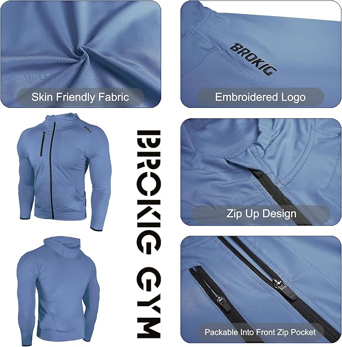 BROKIG Mens WindBreak Lightweight Running Jackets with Zip Pocket, Workout Track Hoodie Athletic Gym Sweatshirts Men