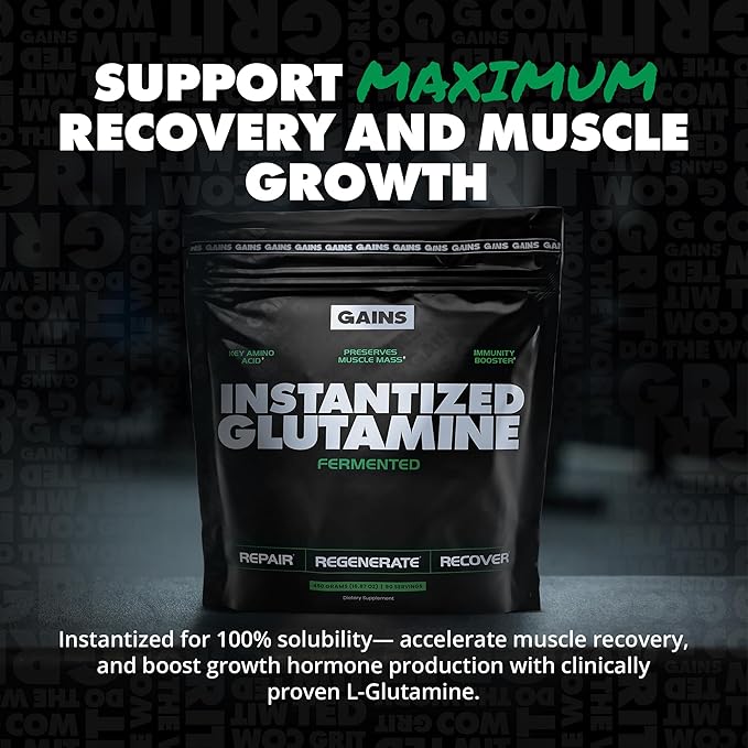 Gains in Bulk L-Glutamine, Gluten Free Glutamine Powder for Muscle Recovery and Growth, Post Workout Support, Amino Acid Supplement, Promotes Protein Synthesis, Non GMO, Unflavored, 90 Servings