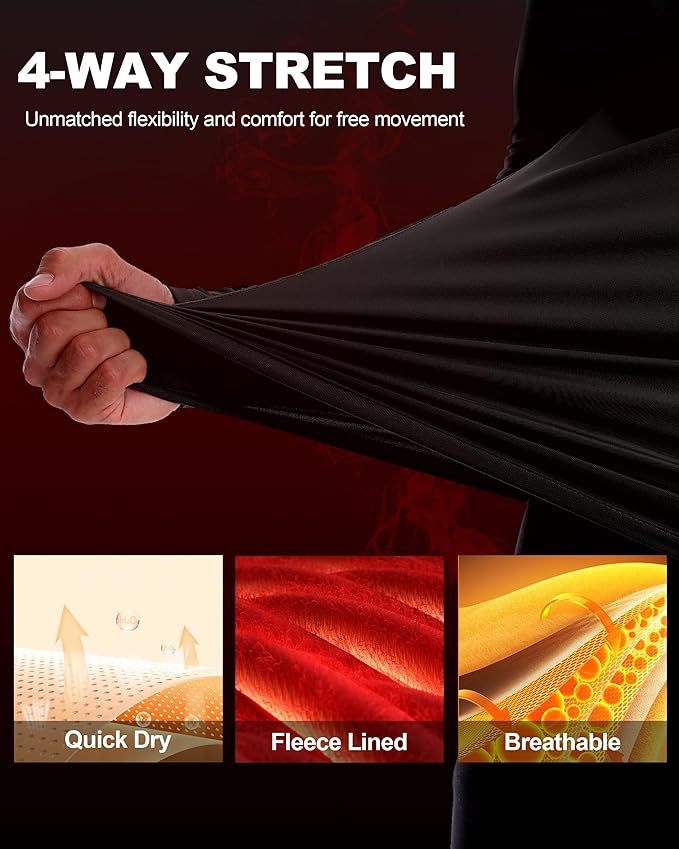 Men's Thermal Compression Shirts, Long Sleeve Fleece Lined Turtleneck Undershirt, Cold Weather Ski Base Layer Tops