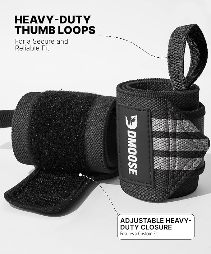 DMoose Fitness Wrist Wraps for Weightlifting 18" - Heavy Duty Gym Wrap with Hand Thumb Loop for Support & Pain Relief, USPA Approved Powerlifting, Weight Lifting Wrist Straps for Men & Women Work Out