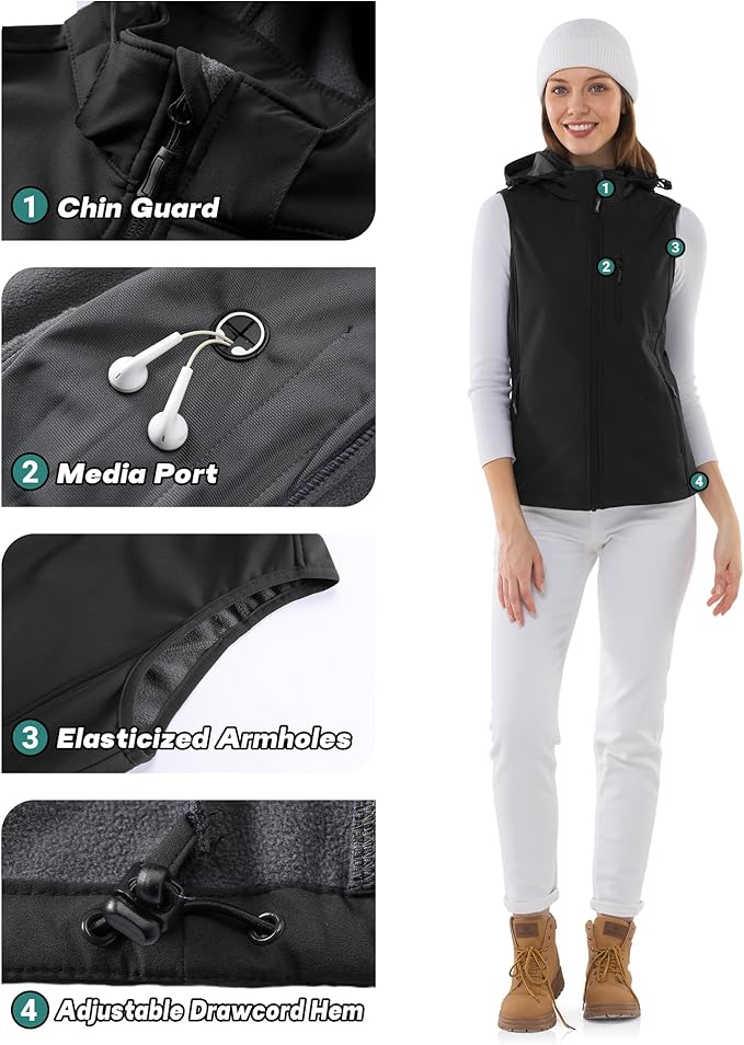Outdoor Ventures Women's Hooded Lightweight Softshell Vest, Windproof Fleece Lined Sleeveless Jacket for Golf Running Travel