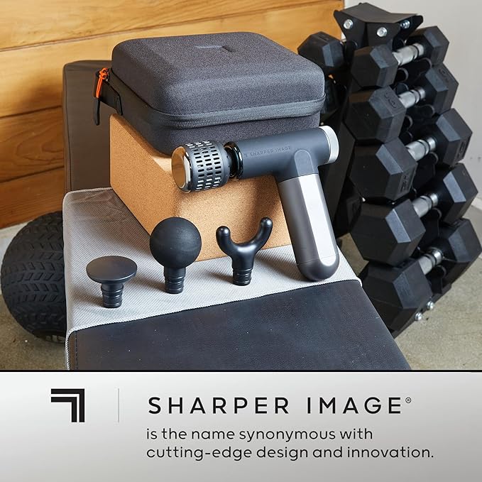 Sharper Image® Powerboost® Pro+ Hot & Cold Compact Deep Tissue Massage Gun - 6 Speed, 4 Attachments, Travel Case| Soothing Heat & Cold Therapy| Portable Lightweight Full Body Shoulder & Back Massager