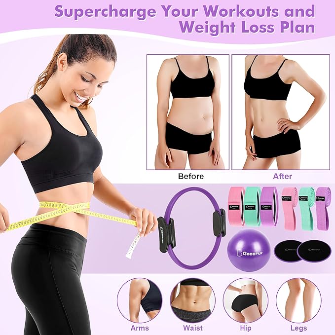 Pilates Ring Set with Resistance Bands Set, Pilates Ball, Sliding Disks – Workout Equipment Home Gym Includes Complete Fitness Poster
